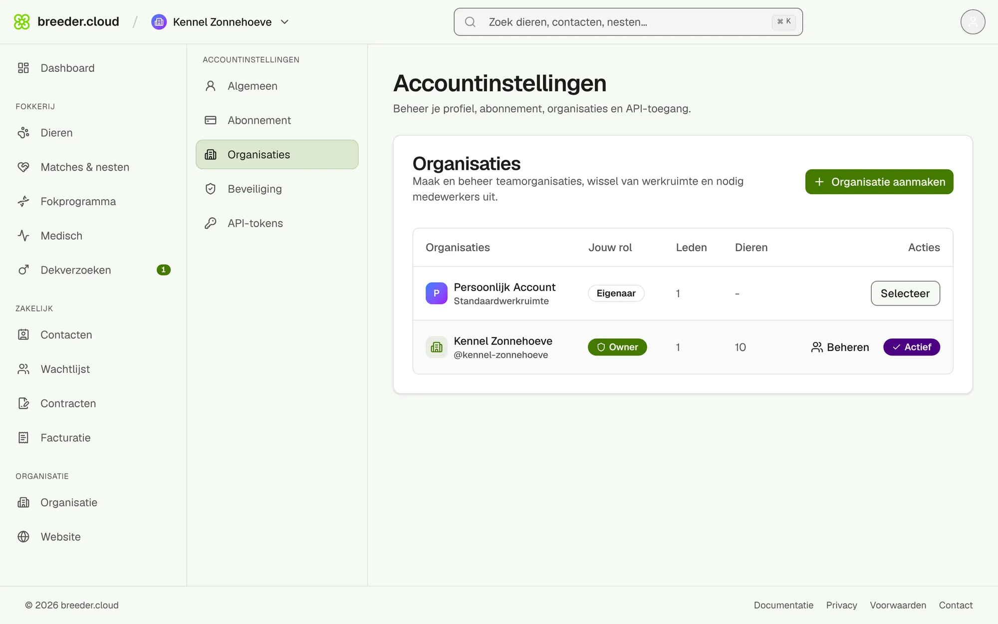 Het overzicht van organisaties in de accountinstellingen