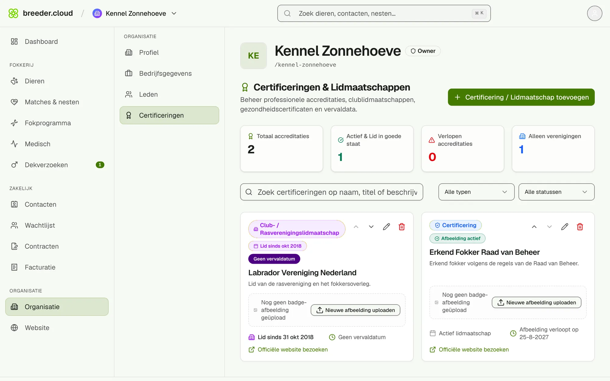 Certificeringen en lidmaatschappen van de kennel