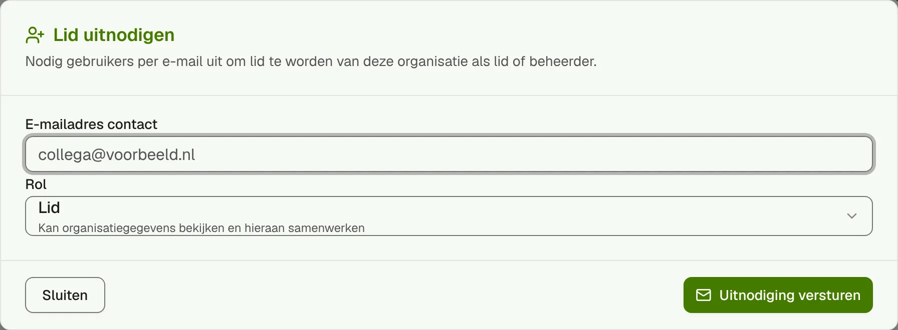 Het venster om een lid uit te nodigen