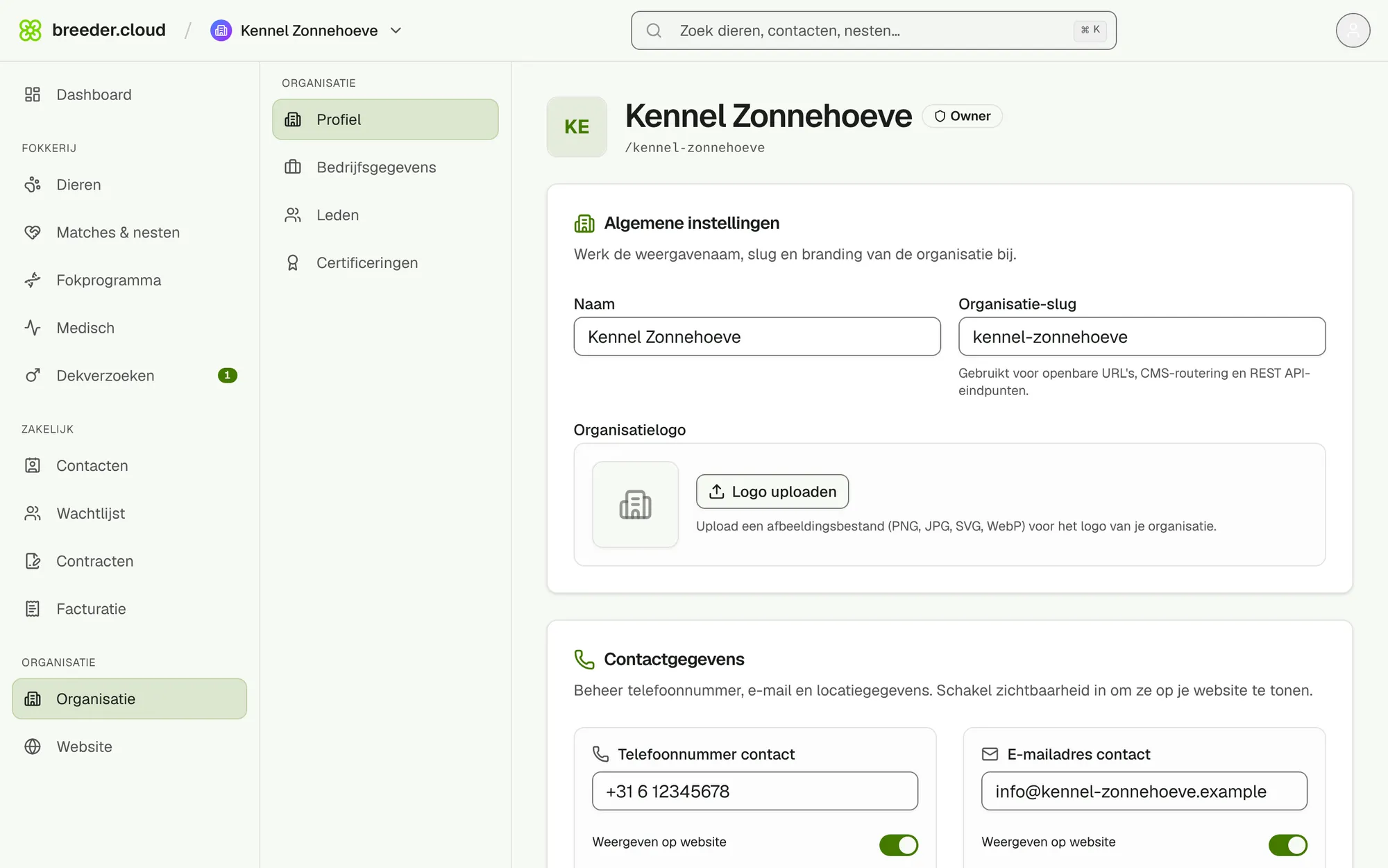 Het profiel van de organisatie met algemene instellingen en contactgegevens