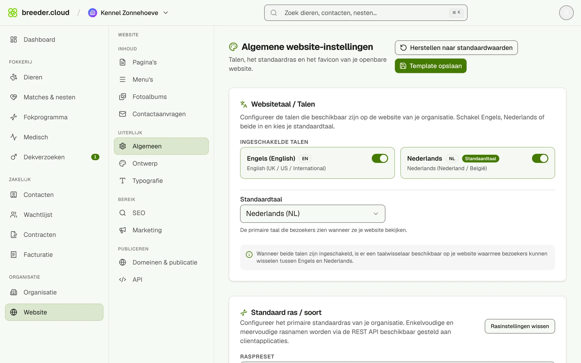 Algemene website-instellingen met talen en ras