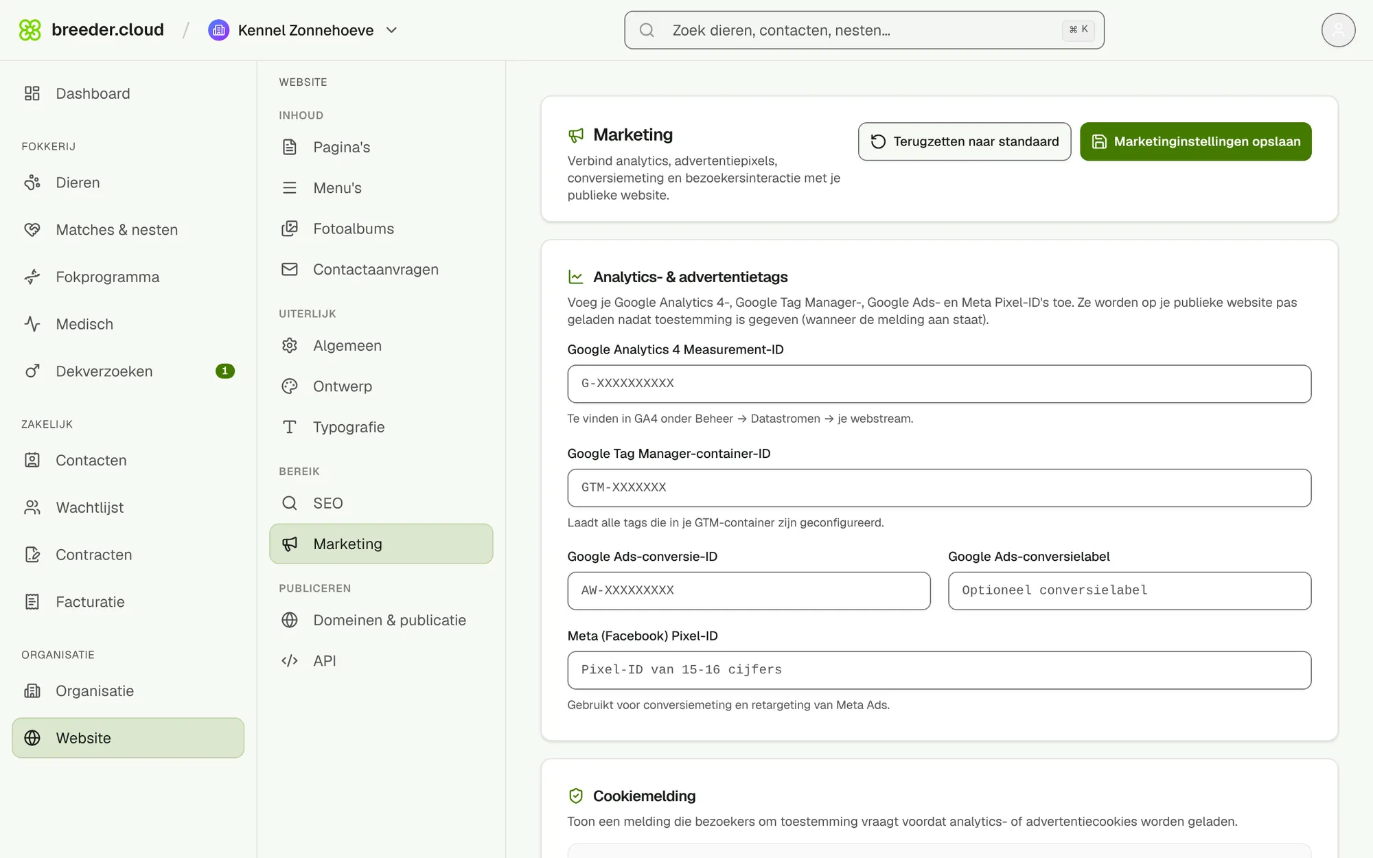 De marketinginstellingen met analytics en cookiemelding