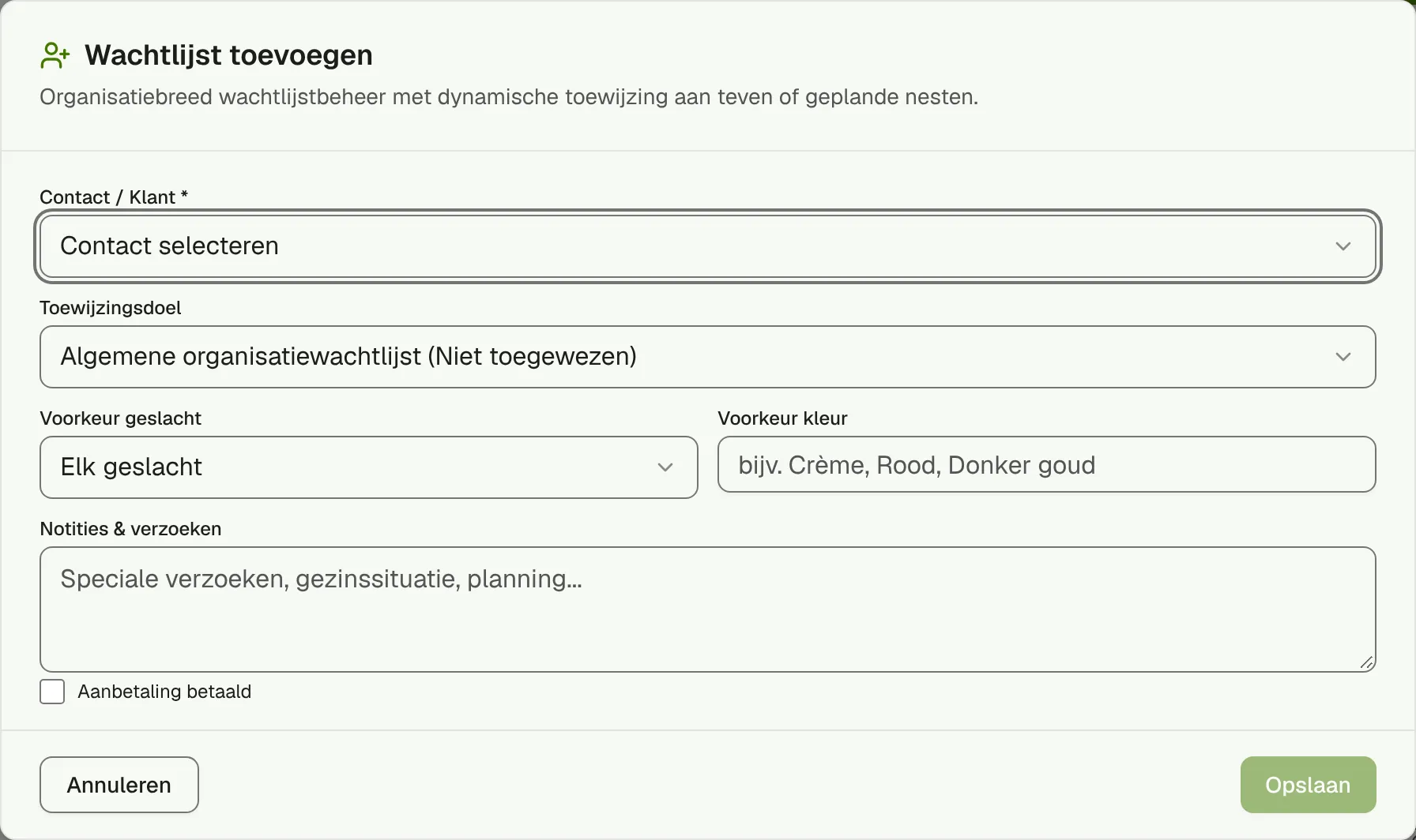 Het venster Wachtlijst toevoegen met contact, toewijzing en voorkeuren